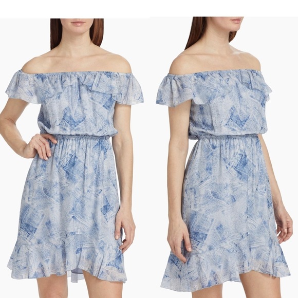 L'AGENCE Leonie Silk Off the Shoulder Denim Print Flounce Trim Mini Dress Small - Picture 1 of 13